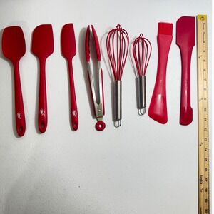 Set of 8 Kaluns brand Red Silicone Kitchen Utensils Spatulas Whisks Tongs Brush